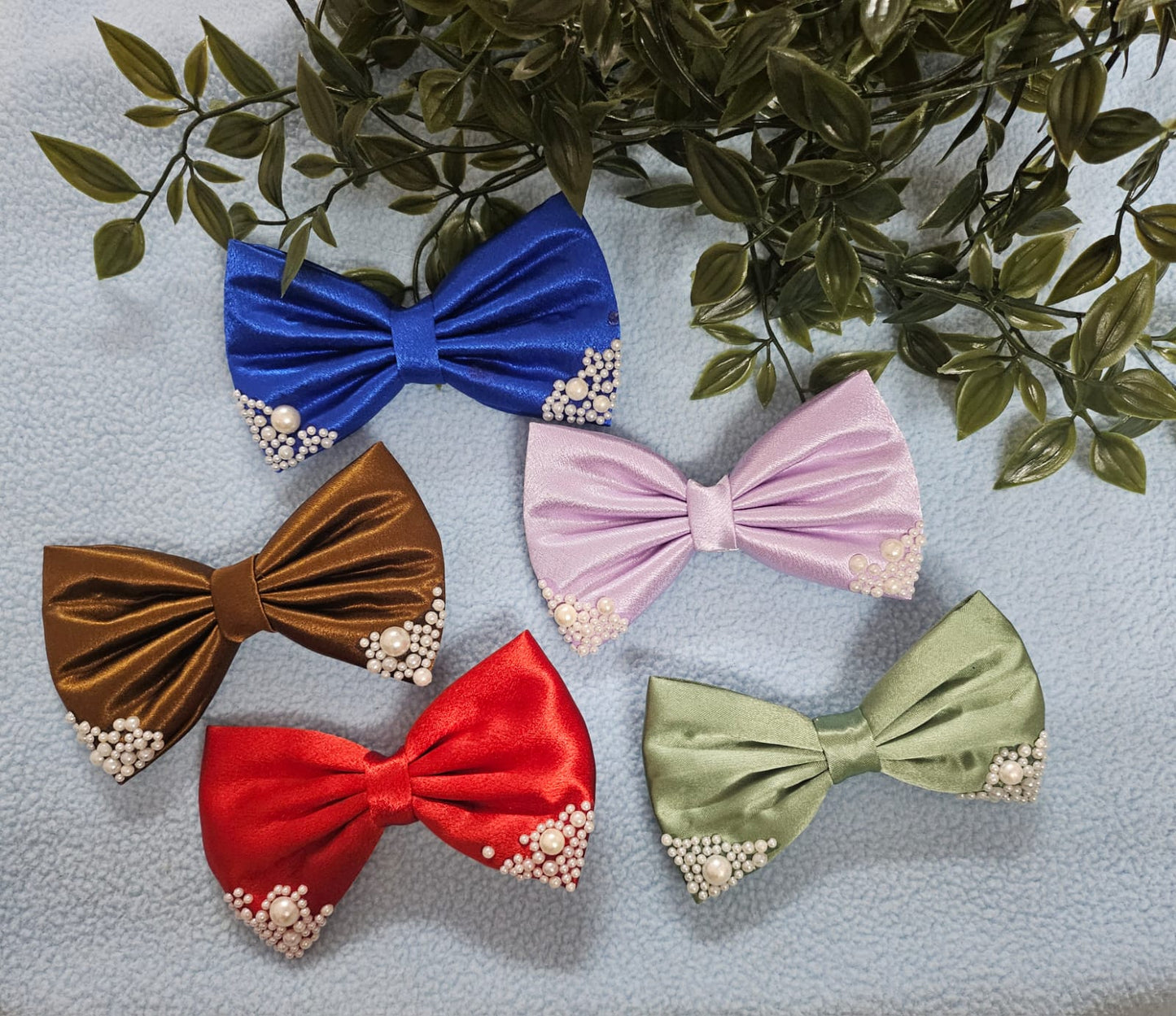 Pearl Satin Hair Bows- Blue