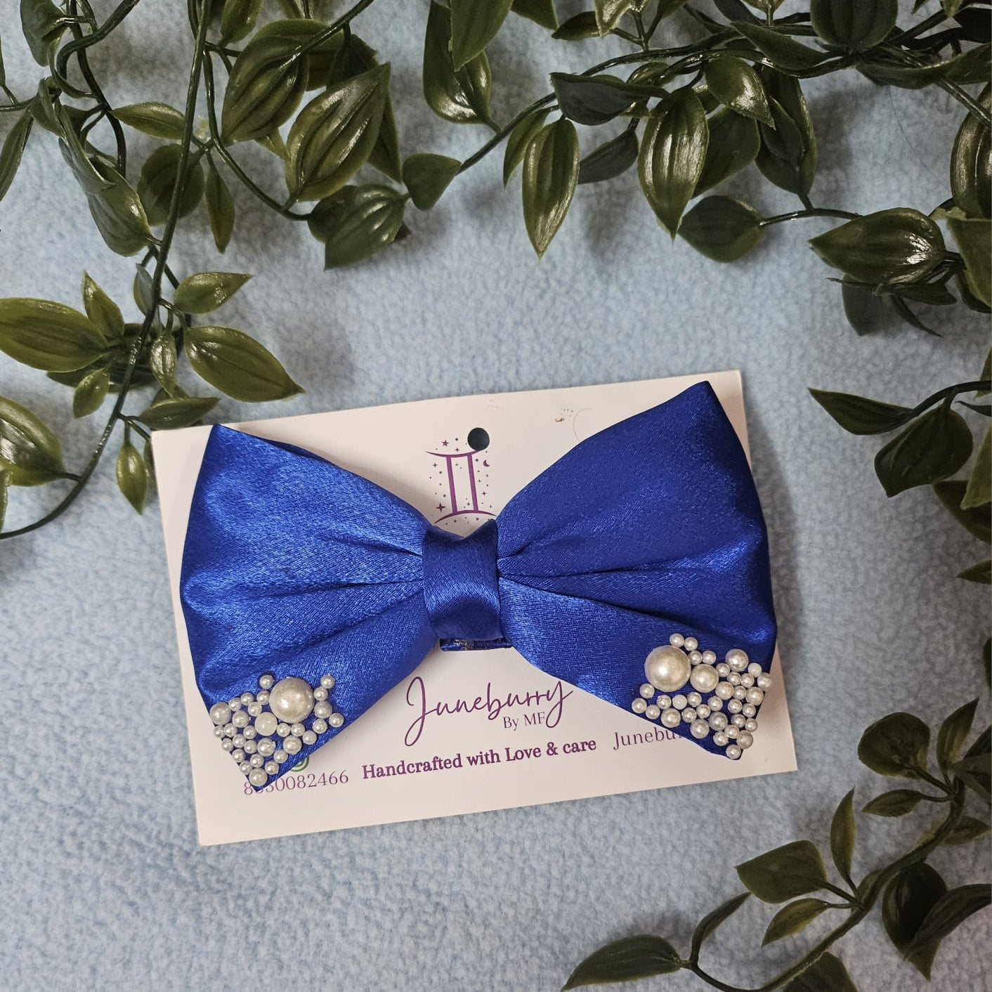 Pearl Satin Hair Bows- Blue