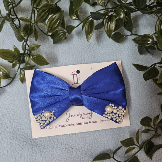 Pearl Satin Hair Bows- Blue